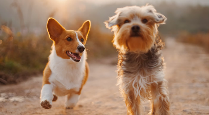 A Corgi and Yorkie run side-by-side on a dirt road